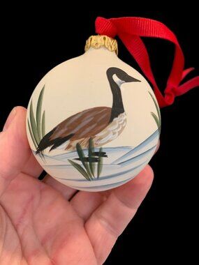 Vintage Hand Painted Glass Water Fowl Duck Geese Christmas Ornament 3" Signed